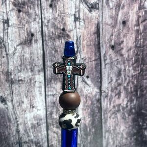 Blue and Brown Beaded Cross Accessory